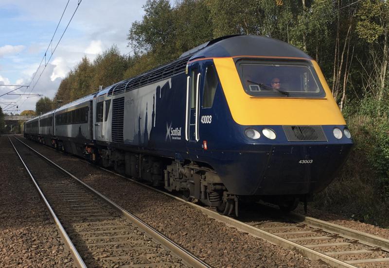In Unusual Territory : A rare sight up this neck of woods, ScotRail 7Cities HST set lead by 43003 approaches Holytown on 5T01 Kilmarnock to Haymarket Photo of In Unusual Territory