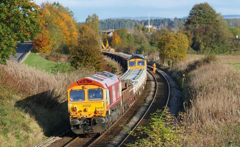 66783 'The Flying Dustman' on rear of p-way train at Luncarty. : With 66784 on front of the train in the possession at luncarty, north of Perth...20-10-19. Photo of 66783 'The Flying Dustman' on rear of p-way train at Luncarty.