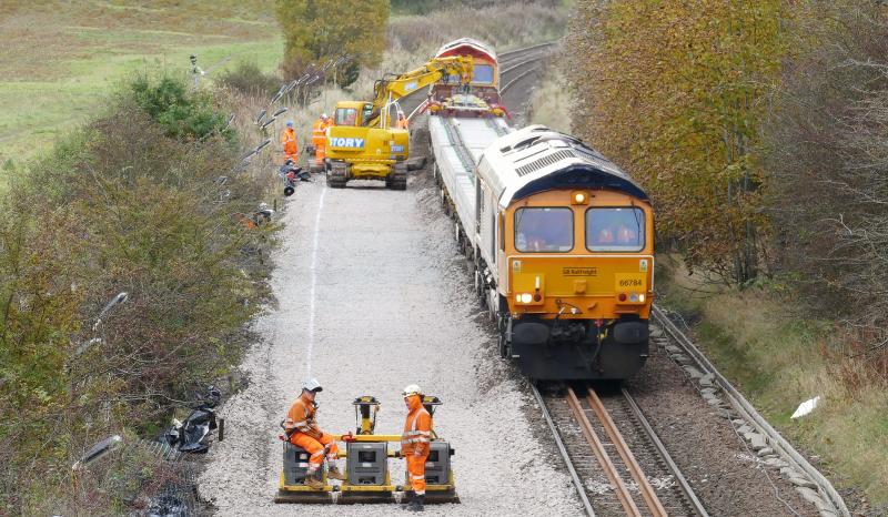 66784 with a train of new sleepers and 66783 on rear at Luncarty...20-10-19.: Photo of 66784 with a train of new sleepers and 66783 on rear at Luncarty...20-10-19.