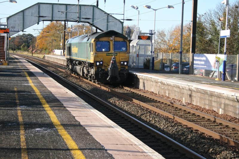 Class 66 Longniddry 28/10/19: headed north, then returned south with equipment attached to front end. Photo of Class 66 Longniddry 28/10/19