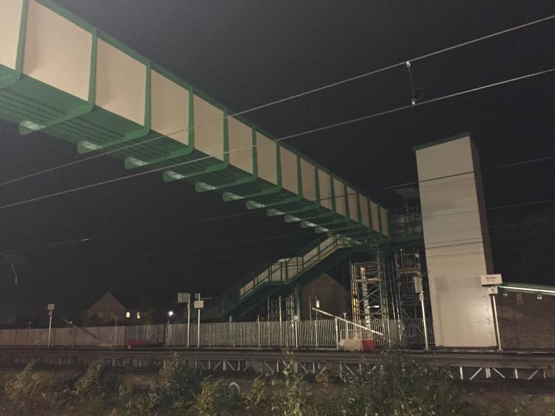 New footbridge at Dunbar: The new footbridge to the new Platform 2 on the down mainline, installed during the early hours of Monday morning, 4th November 2019. Photo of New footbridge at Dunbar