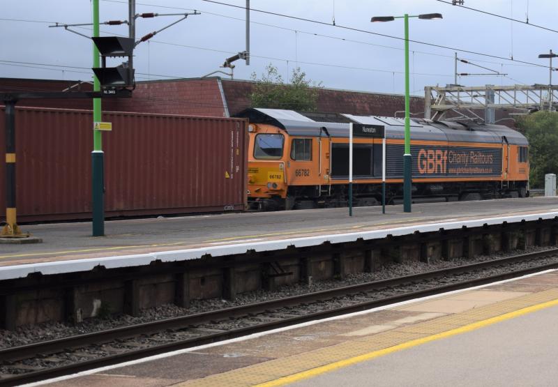 GBRf 66782 Nuneaton 9 October 2019: GBRf 66782 Charity Railtours heads north through Nuneaton on 9 October 2019 on a Felixstowe-Hams Hall intermodal Photo of GBRf 66782 Nuneaton 9 October 2019
