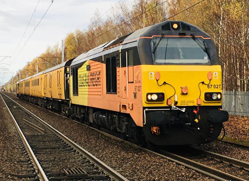Colas Skips The Substitutes: 67027 leading the 1Q26 Derby RTC - Edinburgh with 67023
on the rear approaching Shieldmuir. Photo of Colas Skips The Substitutes