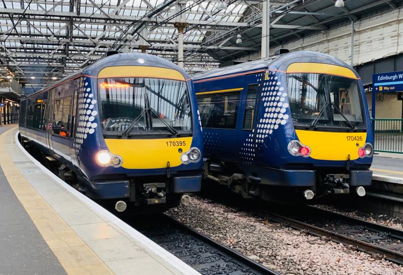 Twin Turbos: On the left, 170395 departs with a service to Glenrothes, on the right is 170426 which had not long arrived on a service from Glenrothes, seen at Edinburgh Waverley on 14/12/2019 Photo of Twin Turbos