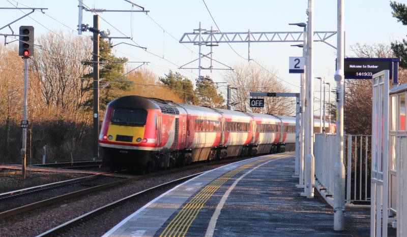 The final LNER HST hurries south from Dunbar: 43318 leaves Dunbar behind for the very last time. Photographed from the new platform 2 on 15th December 2019.
Photo of The final LNER HST hurries south from Dunbar