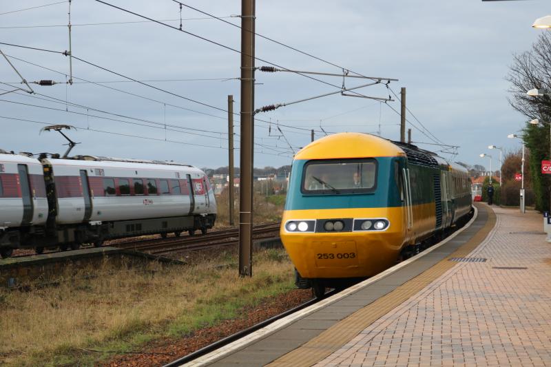 The old and the new (1): W43006 leads the 1Z48 Edinburgh - Leeds leg of the HST farewell railtour into Dunbar on the 20th December 2019, as Azuma 800107 departs on the 1W02 Leeds - Aberdeen LNER service. Photo of The old and the new (1)