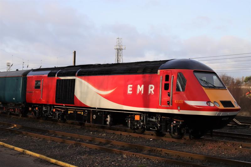 EMR 43320: Hst Power Car 43320 ready to go south outside the Wheel Lathe at Craigentinny on 03/01/2020 43239 coupled to the barrier coach has not been branded Photo of EMR 43320