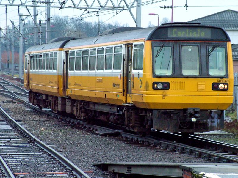 142048 at Carlsile: Wearing the Merseyrail livery, 142048 arrives at Carlisle with a service from Barrow in Furness, on 12th January 2008 Photo of 142048 at Carlsile