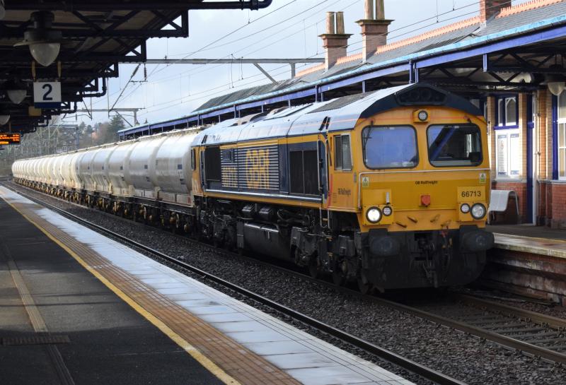 6E45 Dumbarton Central 17.2.20: GBRf 66713 Forest City heads 6E45 east through Dumbarton Central about a minute down and during a break in heavy rain on 17.2.20. Photo of 6E45 Dumbarton Central 17.2.20