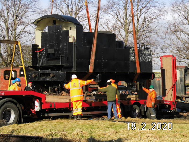 46464 Tender is loaded: Tender from 46464 (completely rebuilt) is craned onto a lorry for the move from Bridge of Dun to Aviemore. Photo of 46464 Tender is loaded