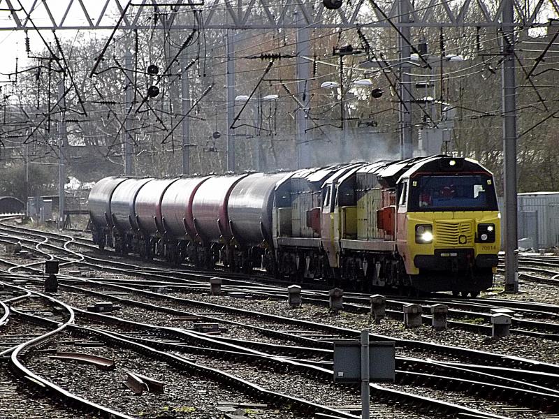 70814 at Carlisle: Running more than 2 hours late Colas Rail 70814 leads classmate 70815 with 6S36, the empty tanks service from Dalston to Grangemouth on 29th February 2020 Photo of 70814 at Carlisle