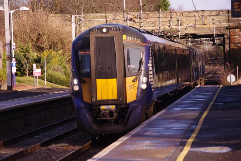 385102 Uddingston: Former test unit 385102 in service on an Edinburgh Waverley - Glasgow Central, via Shotts, arriving in Uddingston on 1st March 2020. Photo of 385102 Uddingston