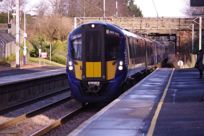 385005 and 021 Uddingston: 385005 leads classmate 385021 into Uddingston 01/03/20 with a Lanark-Glasgow Central service. Photo of 385005 and 021 Uddingston