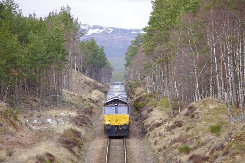 66427: 66427 southbound tesco liner at Carrbridge, running 15min early. 17Mar20. Photo of 66427