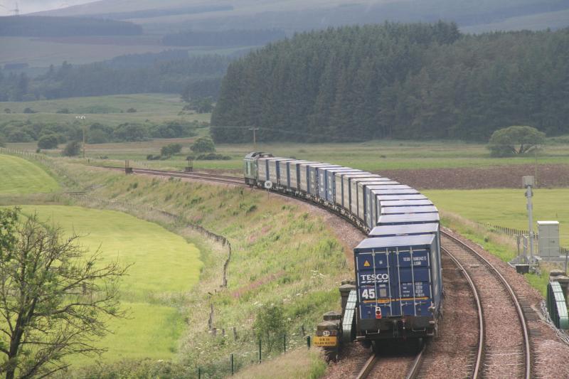 4D47 68016 Blackford 29/06/20: 68016 with the Inverness to Mossend Tesco train heads for Greenloaning at Panholes footbridge, Blackford Photo of 4D47 68016 Blackford 29/06/20