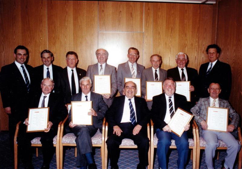 1990 retiral celebration: 428 years of service are lost to the railways at a retiral presentation. 5/7/1990 Photo of 1990 retiral celebration