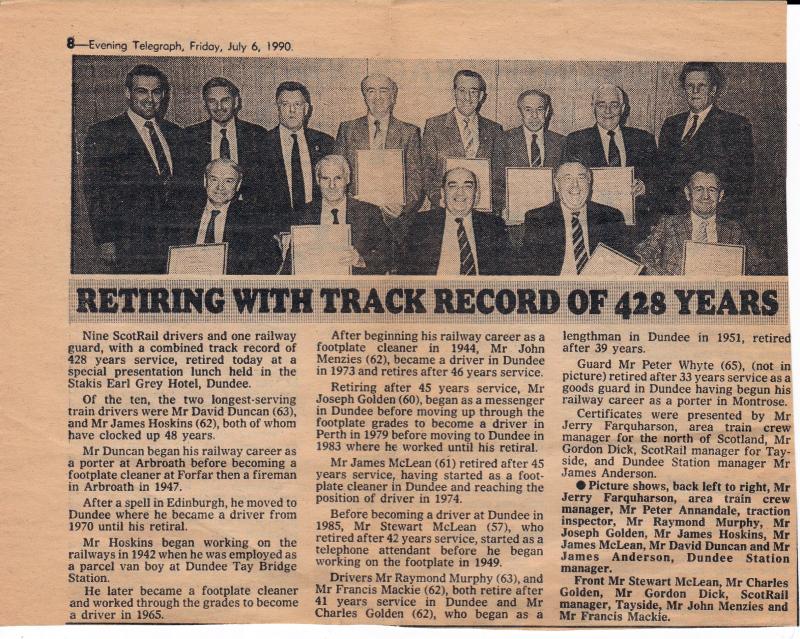 1990 retiral celebration: Newspaper cutting of 428 years of service are lost to the railways at a retiral presentation. 5/7/1990 Photo of 1990 retiral celebration