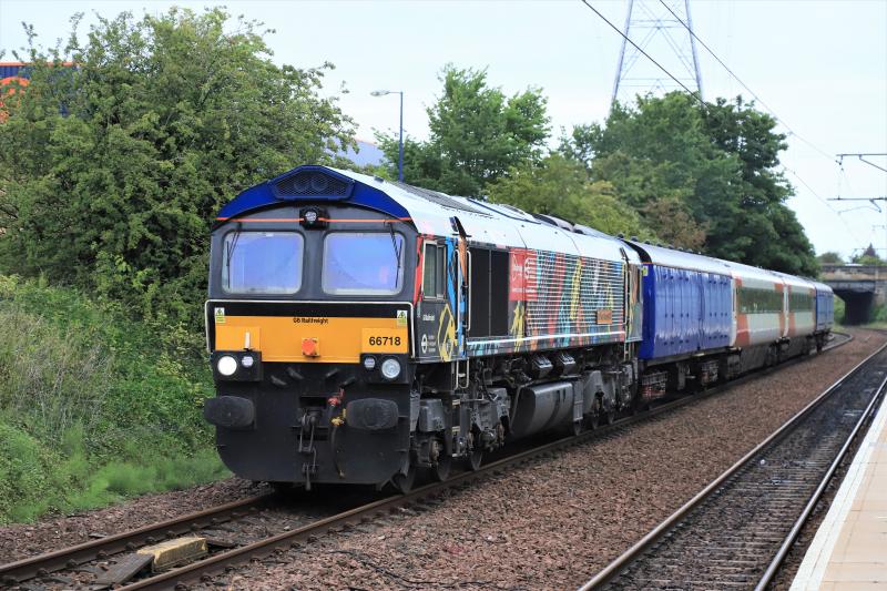 5Z43: 66718 on 5Z43 Craigentinny T & RSMD to Boness Jct Exchange Sidings passing Brunstane on 08/07/2020. Photo of 5Z43