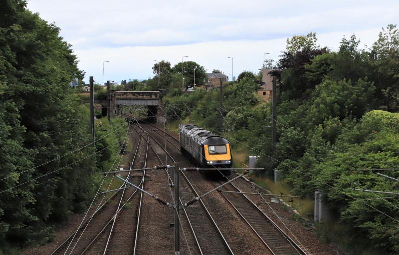 0E23: 43139 + 43177 on 0E23 11.10 Haymarket to Doncaster Works Wagon Shops passing the site of Craigentinny Signalbox on 17/07/2020. Loco numbers taken from Railcam Photo of 0E23