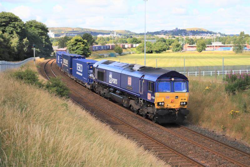 4E96 in Cloud: 66109 on 4E96 08.24 Mossend Euroterminal to Tees Dock BSC Export Berth passing Peffermill Playing fields on 21/07/2020. Sun came out at the 9th twin. 14 twins no spaces Photo of 4E96 in Cloud