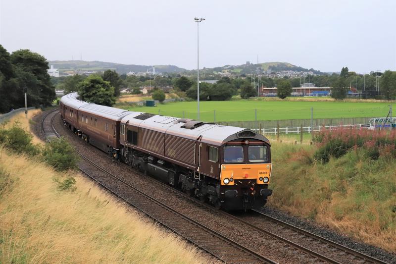 5B78: 66746 topn tail with 66743 on 5B78 08.20 hamilton GBRf to Craigentinny passing Peffermill playing fields on 21/08/2020. Weather not ideal the rain had just stopped. Photo of 5B78
