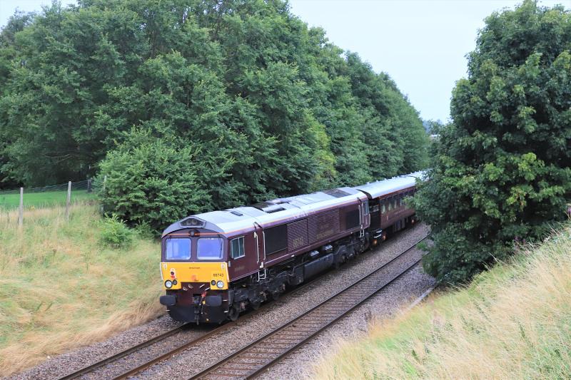5B78: 66743 on the rear topn tail with 66746 on 5B78 08.20 hamilton GBRf to Craigentinny passing Peffermill playing fields on 21/08/2020. Weather not ideal the rain had just stopped. Photo of 5B78