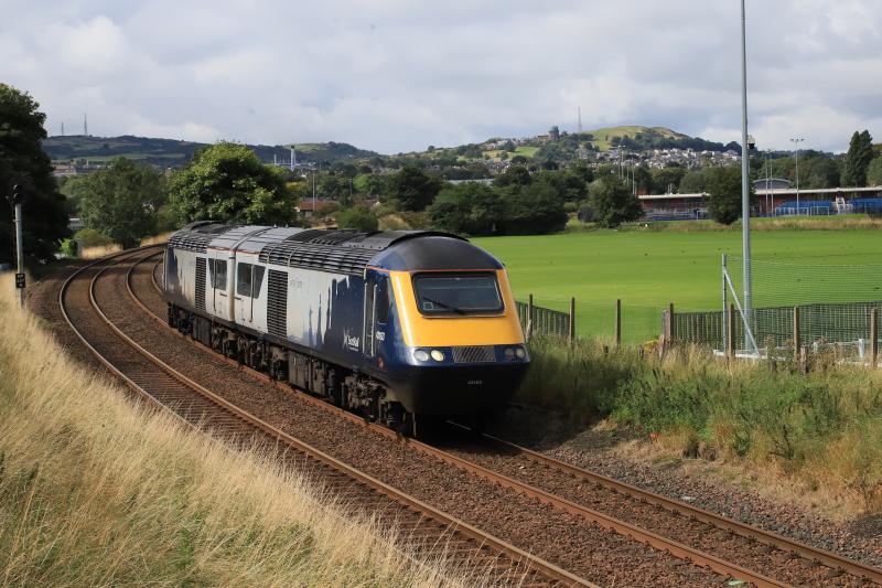 0E23: 43163 + 43150 on 0E23 11.36 Haymarket Depot to Doncaster Works Wagon Shops passing Peffermill Playing Fields on 24/08/2020 Something different from a class 66 at this location Photo of 0E23