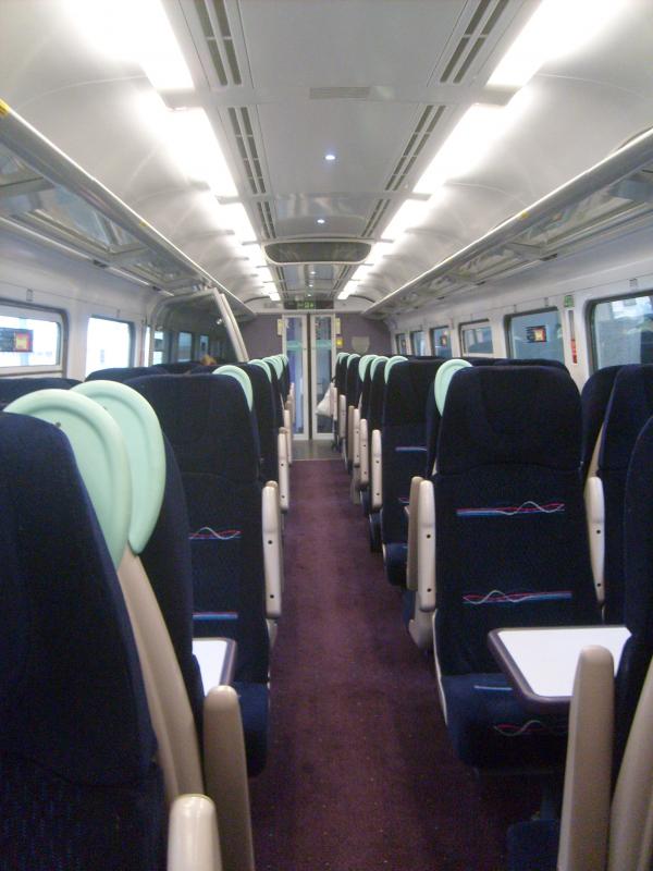 158722's interior: Showing the FGW 'Lines' refurbished seats, kind of hard to miss really. Photo of 158722's interior