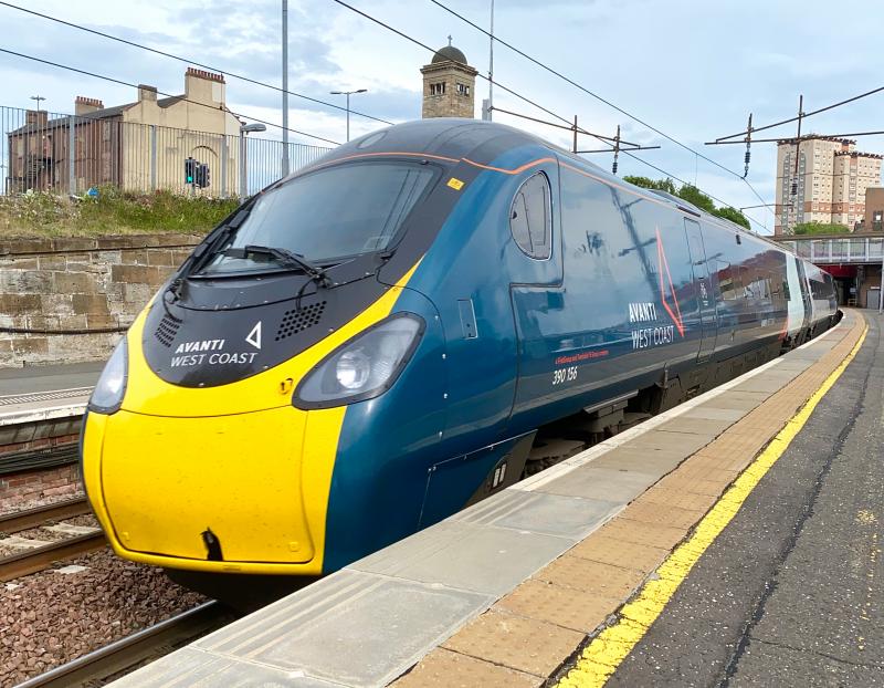 Avanti Pendolino: One of the two Class 390 train sets in full Avanti West Coast branding, 390156 is seen speeding through Motherwell heading for Glasgow Central. Photo of Avanti Pendolino