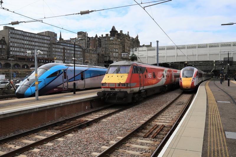 Past & Future: 82208 on the rear of 1S07 08.00 Kings Cross to Edinburgh in Plat 6 Waverley 801205 on 1E16 802211 on 9M12 on 01/09/2020 Photo of Past & Future