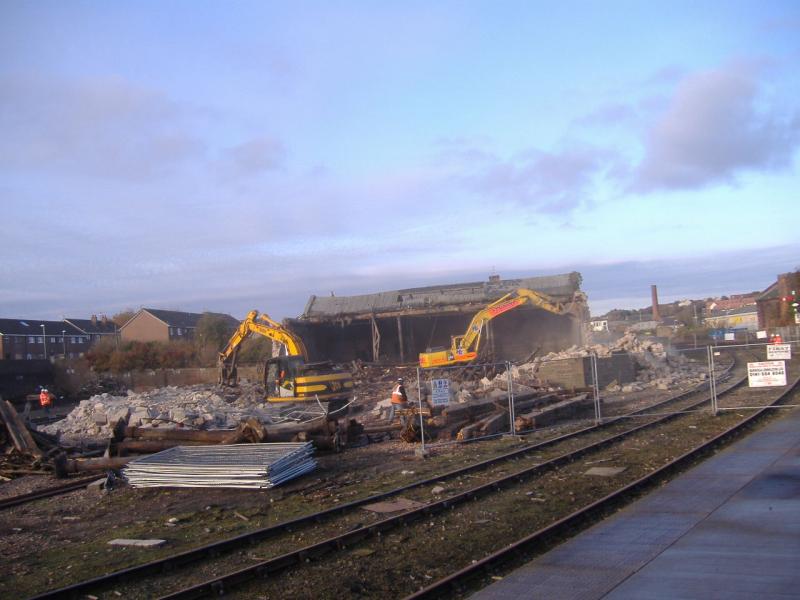 Arbroath goods yard: The former goods shed at Arbroath being demolished. Photo of Arbroath goods yard