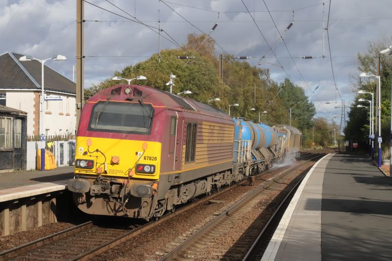 3S93: 67020 on the rear + 67012 on 3S93 06.46 Stirling to Slateford Depot at Kirknewton on 06/10/2020 (2nd attempt to get this in the Sunshine) Photo of 3S93