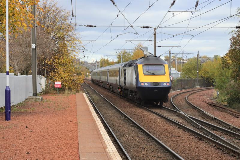 5Z43: 43142 + 43143 on 5Z43 Slateford Yard to Slateford Yard running wrong line approaching Slateford Yard on 21/10/2020. The Points giving access to the Yard are in front of the train. Photo of 5Z43