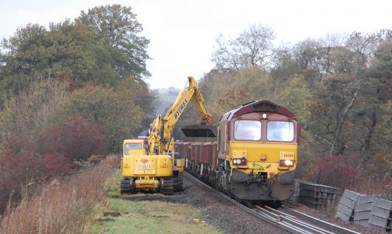 Work on the dynamic loop: Sunday Oct 26th 2008 and 66068 gets its train filled with spoil in preparation for installing the dynamic loop. The location is just north of Dunlop Photo of Work on the dynamic loop