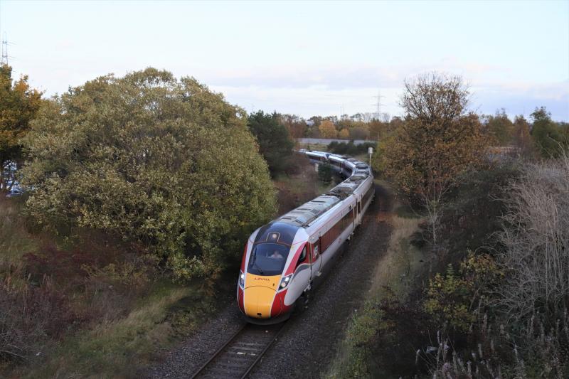 Azumas on 5G26: 801112 leads 800206 on 5G25 15,26 Craigentinny to Waverley approaching Niddrie West Jct on 31/10/2020. (1G26 16.56 Edinburgh to Kings Cross) Diesel engine running on 801112 Photo of Azumas on 5G26