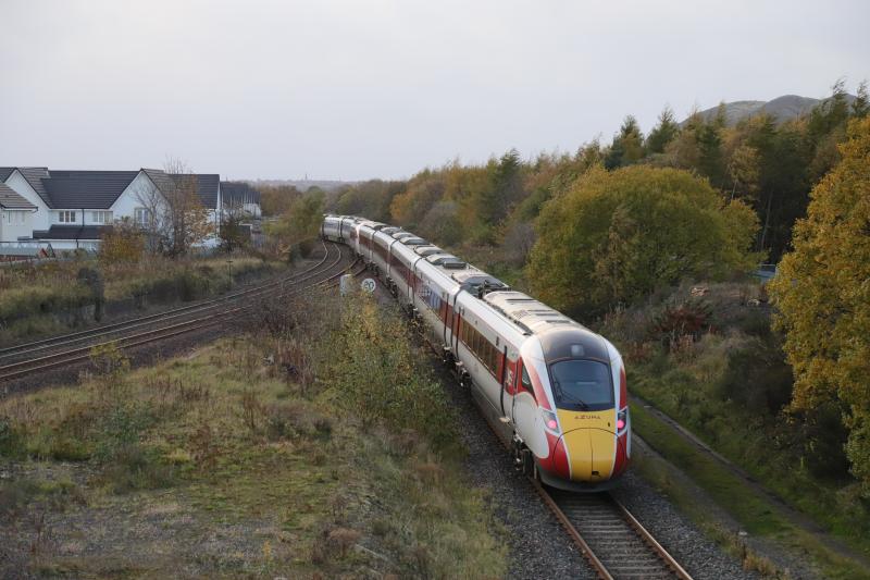 Azumas on 5G26: 800206 on the rear with 801112 on 5G25 15,26 Craigentinny to Waverley approaching Niddrie West Jct on 31/10/2020. (1G26 16.56 Edinburgh to Kings Cross) Diesel engine running on 801112 Photo of Azumas on 5G26