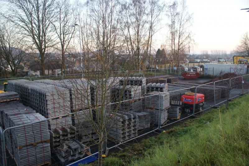 Materials stockpiles for Cornton LX works at BofA: Materials stockpiles for Cornton LX works at Bridge of Allan car park Photo of Materials stockpiles for Cornton LX works at BofA
