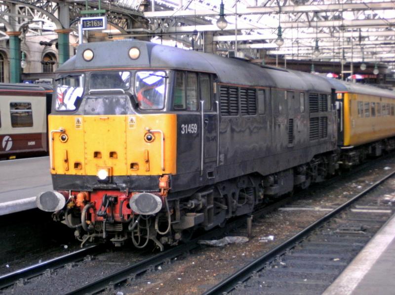 31459 at Glasgow Central: Wearing its unique blue livery 31459 waits at Glasgow Central with a track Inspection train on 20th October 2008. Photo of 31459 at Glasgow Central