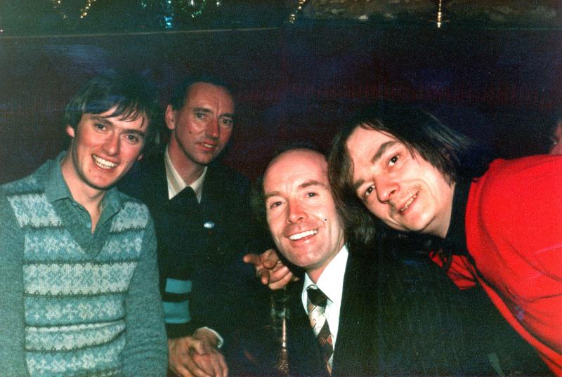 SRS in the Pub 1: A Scottish Railfans Society ( SRS ) committee meeting in an Edinburgh pub sometime in 1985.
left to right:
Keith Poynton, Tommy Gunn, Ian Bain and Jimmy Kenny. Photo of SRS in the Pub 1