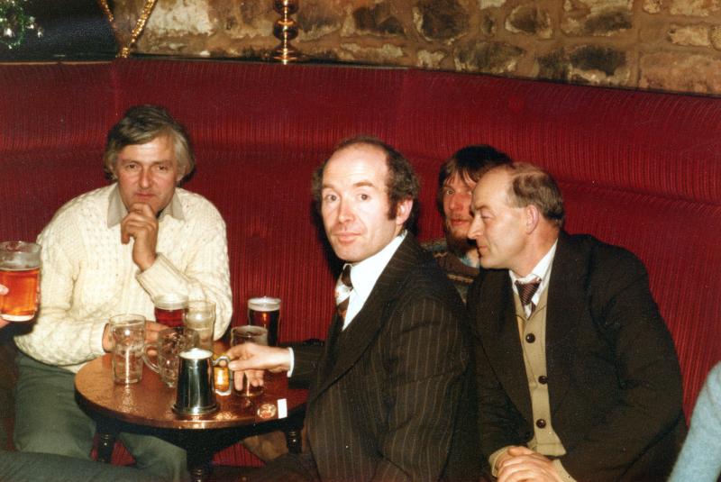 SRS Pub 2: A Scottish Railfans Society ( SRS ) committee meeting in an Edinburgh pub sometime in 1985.
left to right:
Jock moss, Ian Bain, Kenny Stevenson and Roy Randals.. Photo of SRS Pub 2
