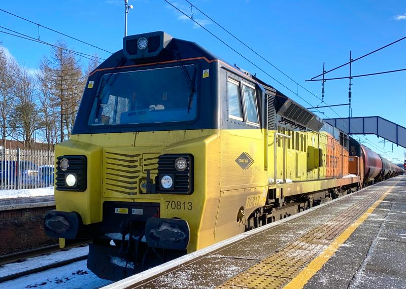 Dalston Tankers: Colas Class 70, no. 70813 slowly rumbles through Holytown working 6S36 Dalston - Grangemouth. (12/02/2021) Photo of Dalston Tankers
