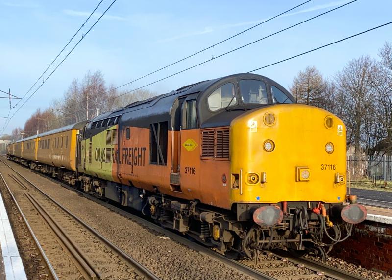 Colas Tractors Southbound: On a sunny Sunday morning (21/02/2021), Colas 37116 leads the PLPR set through Holytown with 37219 on the rear. Their booked run to Inverness on Saturday was cancelled due to the line being shut. Photo of Colas Tractors Southbound