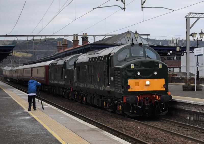 5Z13 Dumbarton Central 5.3.21: Class 37 6851 (37667) double heads 6817 (37521) west through Dumbarton Central on 5Z13 Carstairs-Glenfinnan. Photo of 5Z13 Dumbarton Central 5.3.21