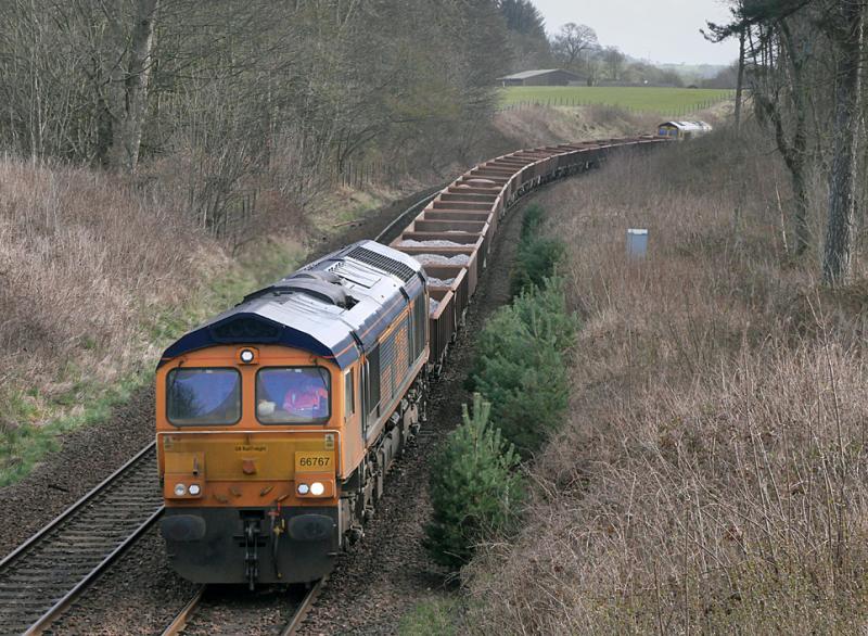 Donibristle 66s: GBRf 66767 and 66745 near Dalgety Bay with 6K25 Laurencekirk to Millerhill ballast on 28 March 2021. Photo of Donibristle 66s