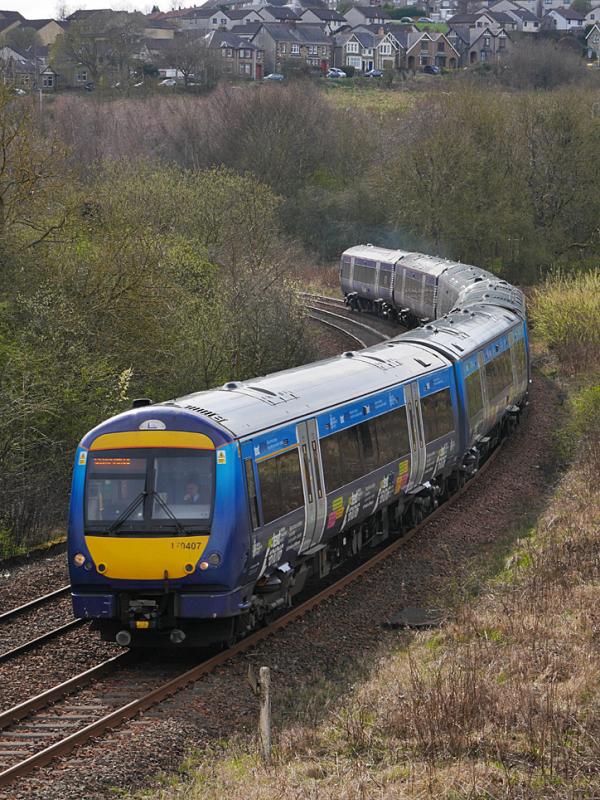 Inverkeithing 170s: 170407 leads 170471 towards Inverkeithing East Junction with the 13.41 from Edinburgh to Glenrothes with Thornton on 30 March 2021. Photo of Inverkeithing 170s