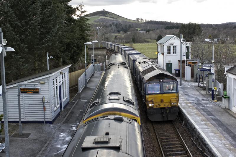66429 PASSES 158701-170452 INSCH 14,4,21.jpg: THE TESCO WAS RUNNING APPROX 10 MINS EARLY AT INSCH AND IS SEEN PASSING THE 17.59 TO INVERNESS FORMED BY 158701 LEADING 170452---RUNNING EXACTLY TO TIME . Photo of 66429 PASSES 158701-170452 INSCH 14,4,21.jpg