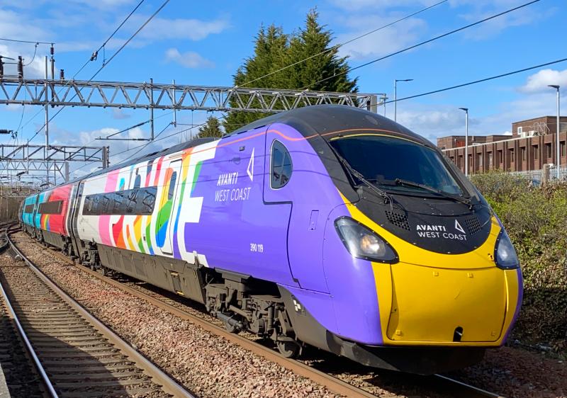 Sunny Pride: Rounding the bend towards Motherwell station, Avanti West Coast Photo of Sunny Pride