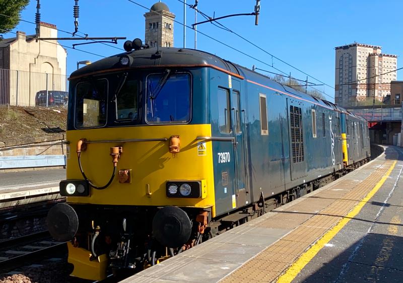 Light EDs in Sunlight: Caledonian Sleeper Class 73 no. 73970 leads classmate 73969 through Motherwell working 0Z72 Craigentinny - Polmadie light loco move (21/04/2021) Photo of Light EDs in Sunlight