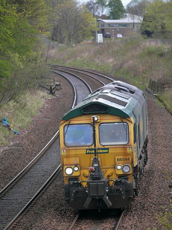 Dalgety Freightliner: Freightliner 66544 with laser scanner attachment nears Dalgety Bay on its way from Aberdeen to Millerhill.
28 April 2021. Photo of Dalgety Freightliner