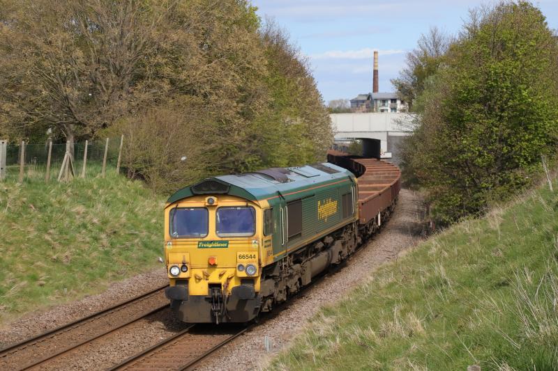6K43: 66544 on 6K43 13.49 Millerhill to Auchengray passing Peffermill Playing Fields on 01/05/2021 Load 34 2 axle wagons same 6K42 Photo of 6K43